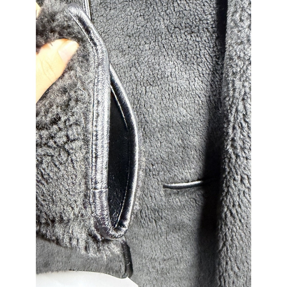 GAP Recycled Sherpa Vegan Leather Trim Jacket Womens L Black Cozy Coat - Picture 5 of 15